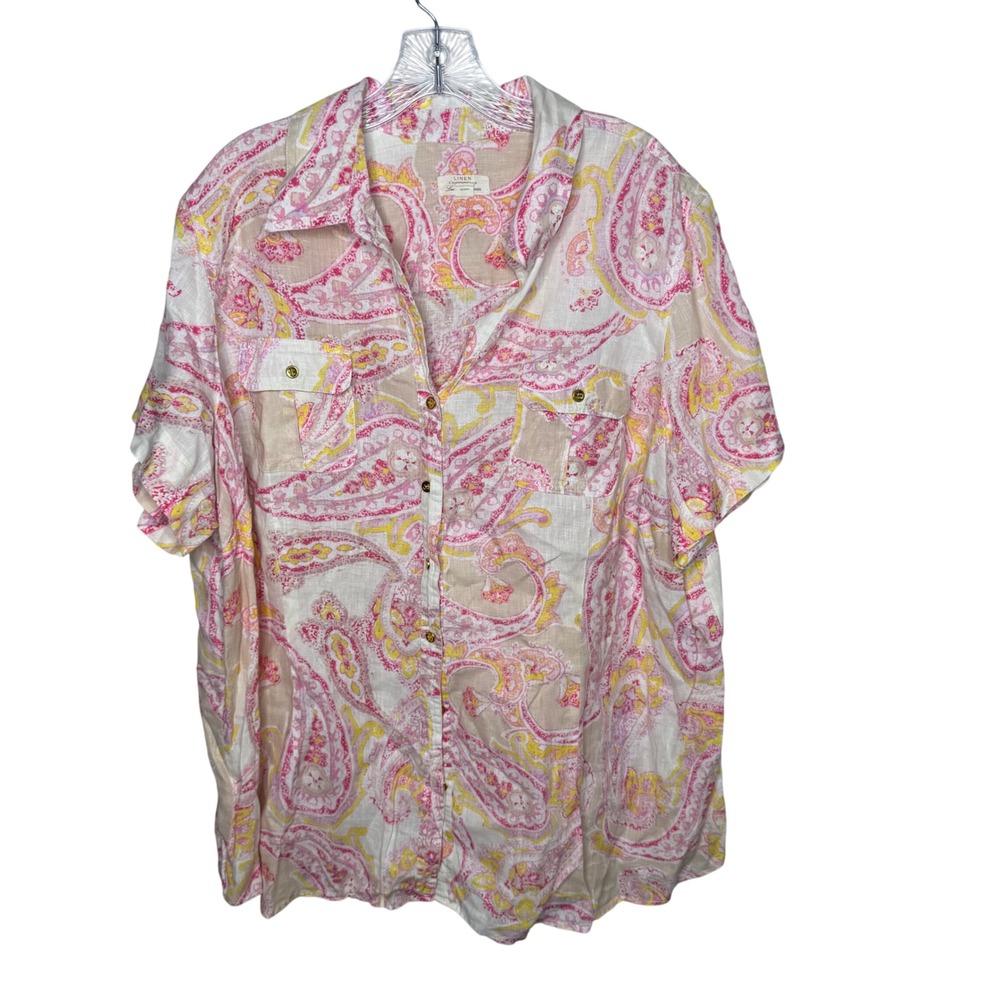 Charter Club Luxury Woman 3X Linen Paisley Short Sleeve Button Up Shirt Pink